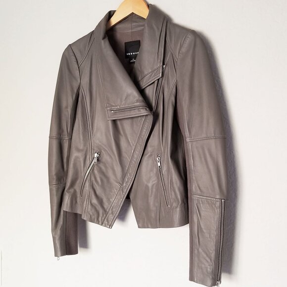 Trouve Asymmetric Drape-Front Soft 100% Genuine Leather Jacket Taupe Gray XS - Picture 3 of 16